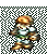 Pixelated character in armor with helmet, green and white chest plate, brown limbs, standing against checkered background.