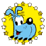 Blue cartoon character with large eyes and red mouth on yellow circular background surrounded by white and gold stars.