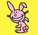Pink cartoon bunny with blue eyes, red nose, and white teeth smiles against yellow background; one version holds a red heart.