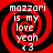Red and black spiral background with white text reading "mazzari is my love yeah <3" arranged in a circular pattern.