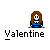 Pixel art animation of two figures exchanging a red heart, with text bubbles and repeated 'Valentine' labels beneath each frame.