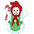 Pixelated snowman icon with red hat, green checkered outfit, and candy cane prop against gray background.