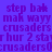 Pixelated purple text on blue background repeats phrases like 'step bak' and 'crusaders' in a static pattern
