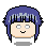 Four pixelated character faces with blue hair and light skin, each with distinct eye and mouth positions on a gray background.