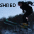A pixelated animation of a person in black clothing surfing on water with text overlays reading SHRED THE GNAR.