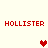 Pixelated red text 'HOLLISTER' appears in four positions on a light background with three pixel hearts.