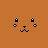 Pixel art of a small animal face with pink cheeks and black eyes, displayed in an on brown background