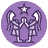Pixelated circular icon with purple background showing two winged figures in white and dark purple, a star above them, and no visible text.