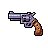 Pixel art revolver with purple metallic barrel and cylinder, brown wooden grip, black outlines on gray background.