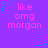 Pixelated buddy icon with purple and green-orange checkered sections, displaying text fragments like 'like omg morgan' in pink on purple and 'K.M.L I Love Y' in white on green-orange.