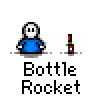 Animated contact sheet showing 21 sequential frames of a pixel art character launching bottle rockets, with the character and rocket changing position across frames against a gray background.