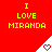 Red background with yellow text "I LOVE MIRANDA" repeated three times, each above a white triangular shape containing a red pixelated heart.