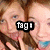 A pixelated image of two people with brown hair and blue clothing, showing text overlays that change across frames.