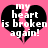 Two identical pixelated heart shapes with a pink background, each containing white text reading 'my heart is broken again!' and a vertical crack through the center.