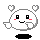 Pixelated white character with black square eyes, red cheeks, and heart-shaped accents above head, shown in four variations with differing mouth shapes and hand positions.