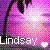 Pixelated icon with pink and purple gradient background, black curved shape on left, white text 'Lindsay' at bottom, small white plus symbol to right of text.