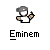 Pixelated 50x50 AIM buddy icon featuring a character with gray cap and white shirt, shown in two animation frames with slight arm movement difference above "Eminem" text.