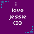 Purple background with repeated white text 'i love jessie <33' and cyan star-shaped pixel art elements in corners.