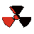 pixelated red and black shapes resembling radiation symbols in various states of distortion, with some frames showing solid forms and others displaying fragmented or missing sections