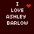 Dark red background with white pixelated text reading "I LOVE ASHLEY BARLOW" and four distinct animated orange graphic elements.