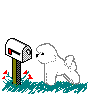 Pixelated animation of a white dog interacting with a gray mailbox on a gray background, showing two sequential poses with red flowers and green grass.