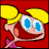 Pixelated cartoon character with yellow hair, blue eyes, and pink skin against a solid red background.