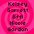 A static image with a pink spiral background displaying five lines of black text: Kelsey Garrett, Bffl, Nicole Gordon.