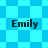Four identical pixelated 'Emily' text labels on blue checkered and diamond-patterned backgrounds with visible anti-aliasing artifacts.