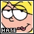Pixelated cartoon face with large white eyes, black outlines, and a pinkish skin tone against yellow background; text "HATE" in block letters at bottom.