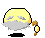 Pixelated yellow sphere with gray cloud-like patterns, brown torch with glowing flame on right side, black base against light gray background.