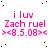 Pink text on white background with black dots, repeating 'i luv Zach ruel' and version string '<8.5.08>' across multiple