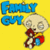 Pixelated static icon featuring a cartoon character with large head and red outfit against yellow background, with blue text reading "FAMILY GUY" above the character.