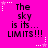 A static image with a bright pink background displays repeated text "The sky is its... LIMITS!!!" in black pixelated font, surrounded by white and pink star-shaped decorations.