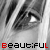 A grayscale close-up of a person's eye with flowing hair, overlaid by the word 'beautiful' in red and black pixelated text across three