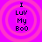 Four identical circular icons with pink concentric rings on a purple background, each displaying text "I LUV My Boo" in black pixelated font.