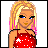 Pixelated icon of a person with blonde hair, blue eyes, and pink highlights wearing a red dress with white dots.