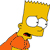 Pixelated cartoon character with yellow skin, orange shirt, and wide eyes looking right. Mouth open showing red interior and black teeth.