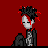 Pixel art of a character with white face, black and red spiky hair, and red tears against a red background, with red text reading "Bloody Little Angel" on black.