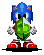 Pixel art of blue hedgehog holding green spherical object with white patterns, red shoes, gray gloves, and black shadow on light gray background.
