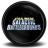 A round black wireframe icon with a pixelated blue and white structure resembling a building or vehicle interior, set against a light gray background.