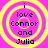 Four identical circular icons with yellow concentric rings on a pink background, each displaying text "i love Connor and Julia" in black pixelated font.