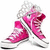 Pink high-top sneakers with white laces and soles, positioned in a stacked arrangement against a plain background.