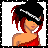 Pixel art character with black and red hair, silver headband, red one-shoulder top, checkered shorts, and black leggings; text reads "Panic! Girl".