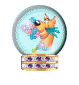 Scooby-Doo in a snow globe holding pink and blue flowers, wearing a teal scarf with white dots on light blue background.