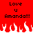 Red background with black pixelated text reading "Love u Amanda!!!" repeated twice, white pixelated flames at the bottom.