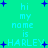Pixelated cyan text on a bright green background with scattered blue star shapes, repeating 'hi my name is HARLEY' in multiple