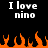 Black background with white pixelated text "I love nino" repeated twice above orange pixelated flames at the bottom.