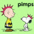 Pixelated cartoon character with pink spiky hair and yellow shirt stands beside a white dog with pink ears on light green background, text 'plmps' above.