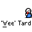 Animated pixel art contact sheet showing a blue cartoon character with white head and red mouth performing various poses across 25 sampled frames on gray background, each frame labeled 'Wee' Tard below it.