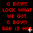 Red pixelated text on black background cycles through phrases with white cursor-like symbols appearing and disappearing at specific positions.